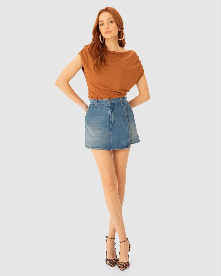 Shorts Saia Feminino Evasê Cintura Alta Jeans 100% Algodão - ENFIM