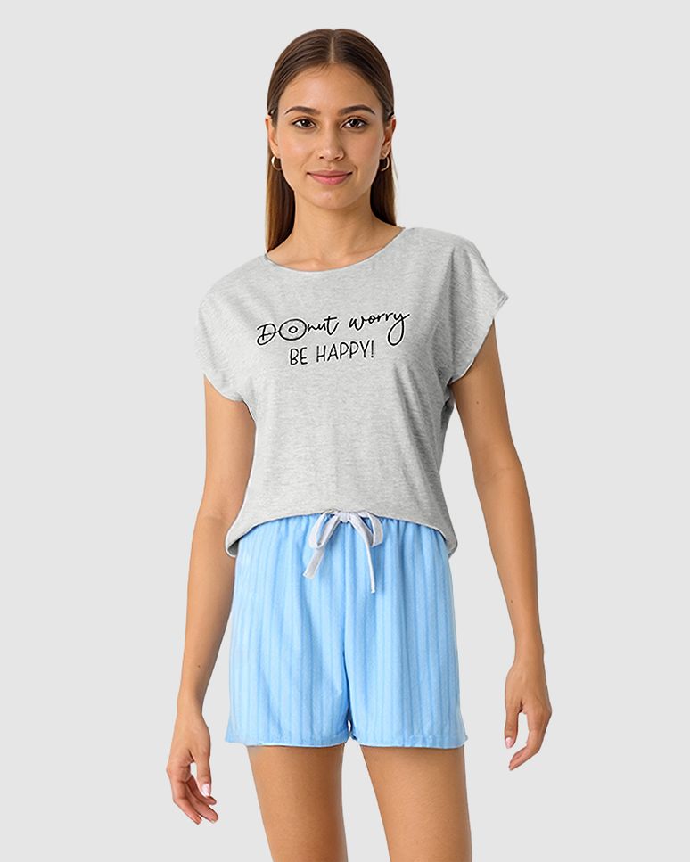 Pijama Curto Feminino Shorts Em Malha Listrada