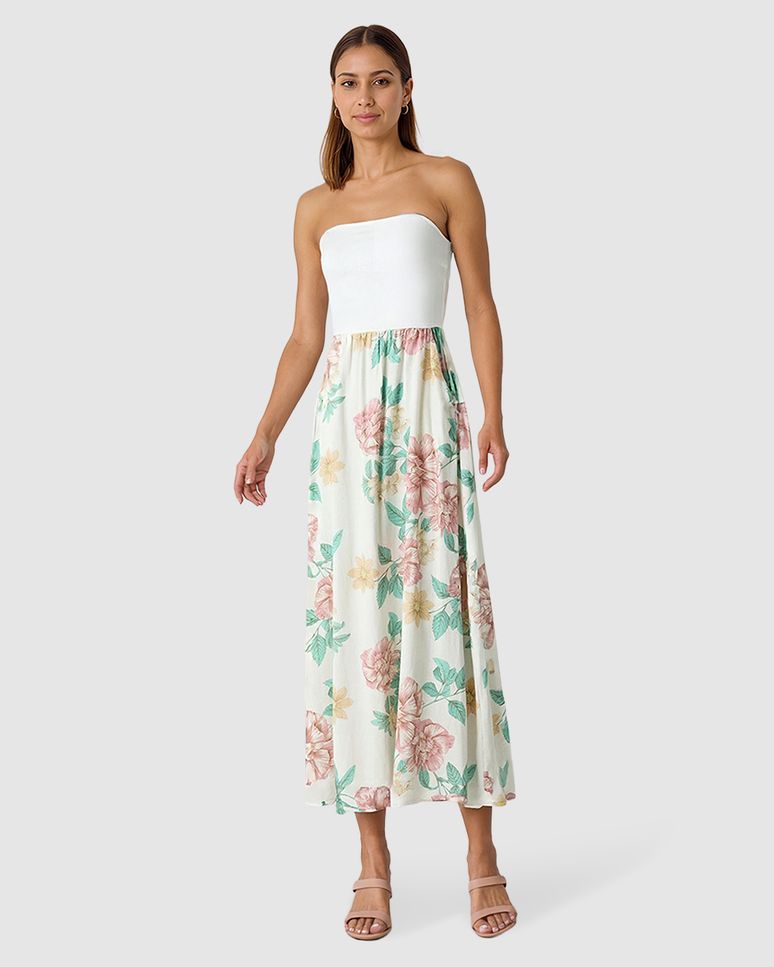 Vestido Midi Feminino Amplo Sem Alças Em Tecido Mescla Viscose