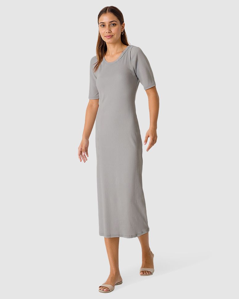 Vestido Midi Feminino Decote Redondo Alça Larga Em Ribana