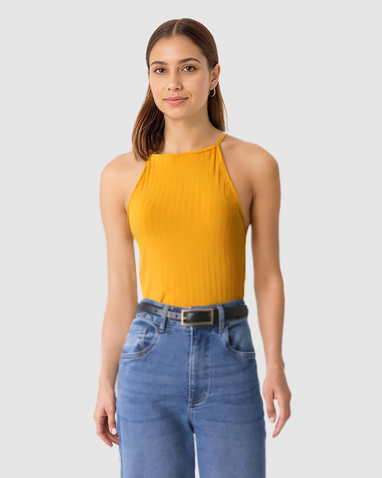 Regata Feminina Decote Halter Alça Fina Em Malha Viscose Canelada