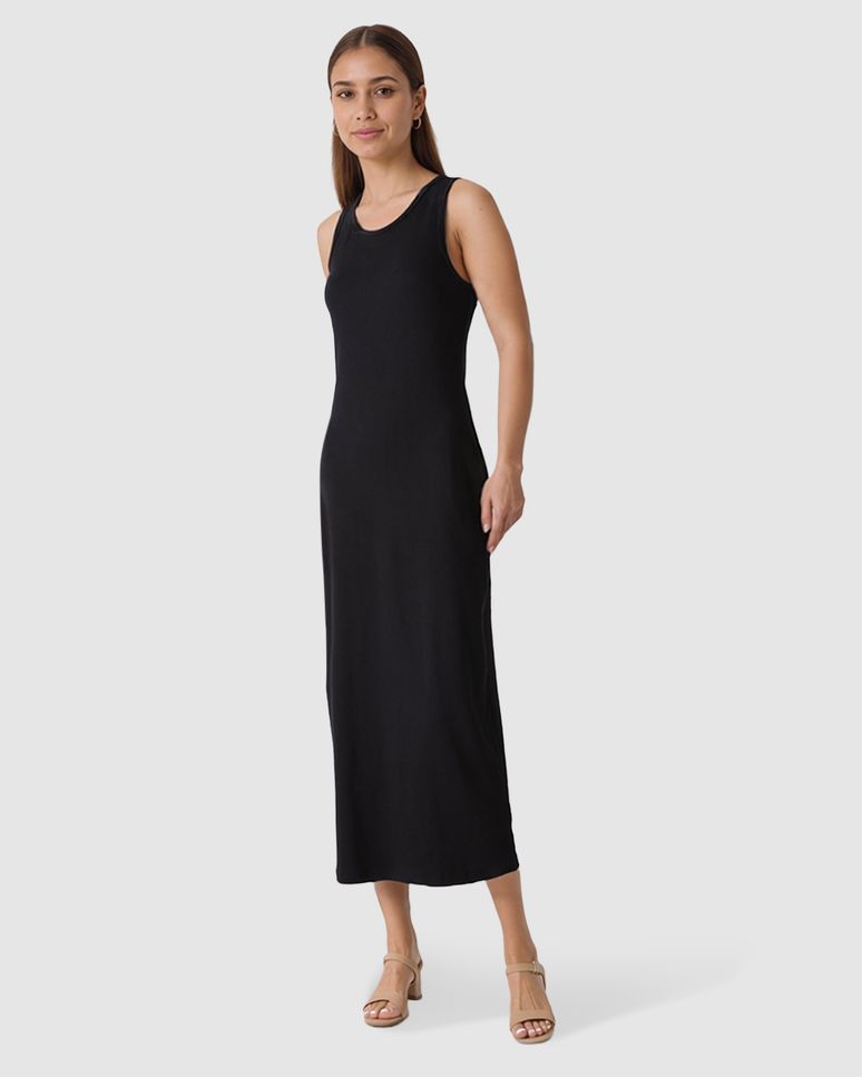 Vestido Midi Feminino Decote Redondo Alça Larga Em Ribana