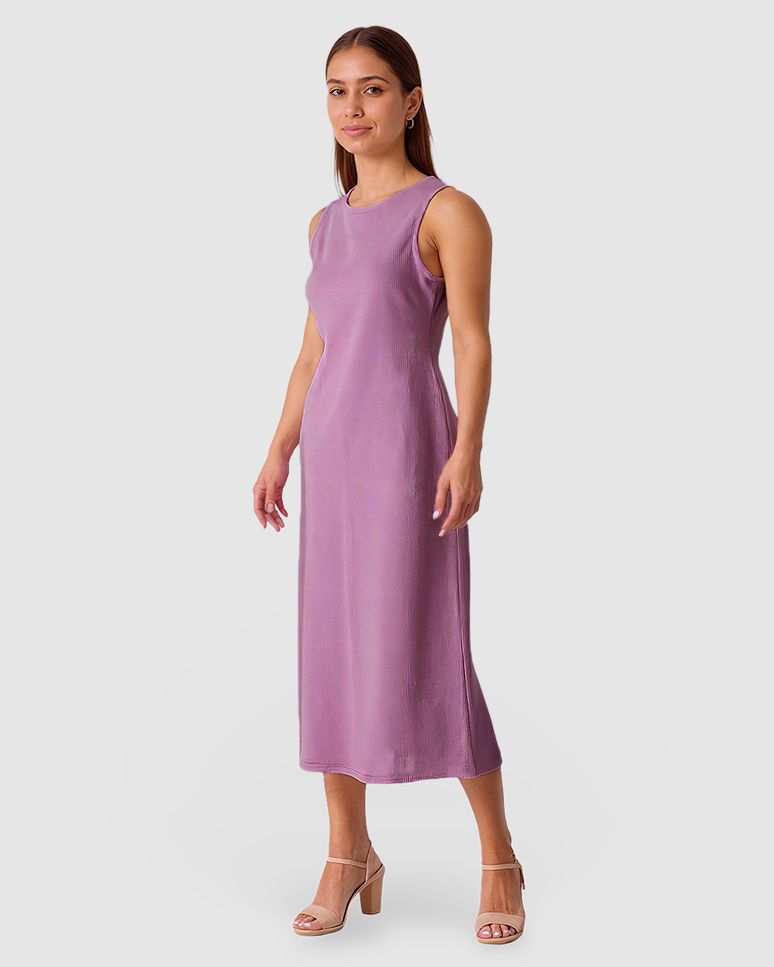 Vestido Midi Feminino Fenda Costas Em Tecido Linho Texturizado