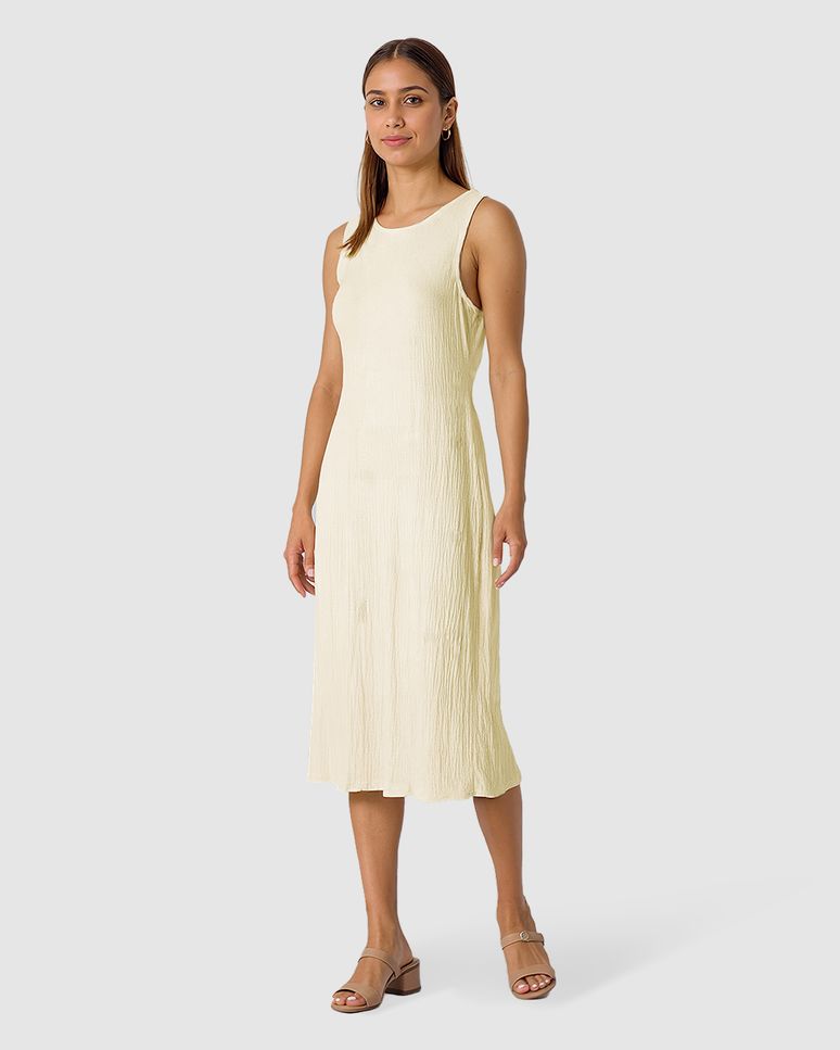 Vestido Midi Feminino Fenda Costas Em Tecido Linho Texturizado