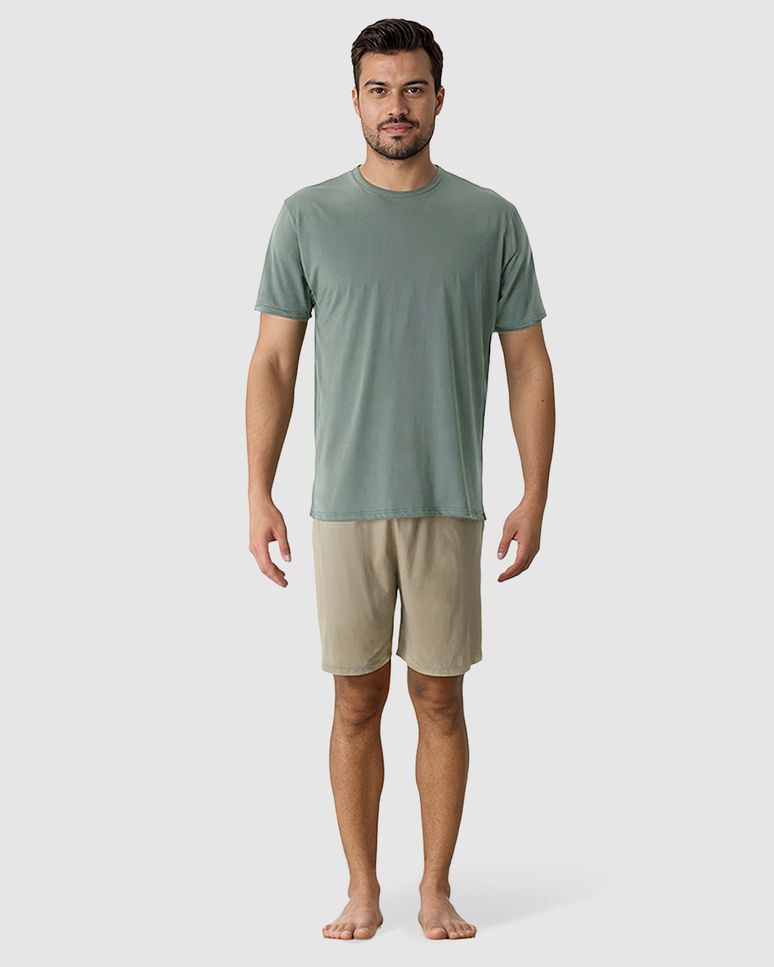 Pijama Curto Masculino Camiseta E Shorts Cós Elástico Em Algodão