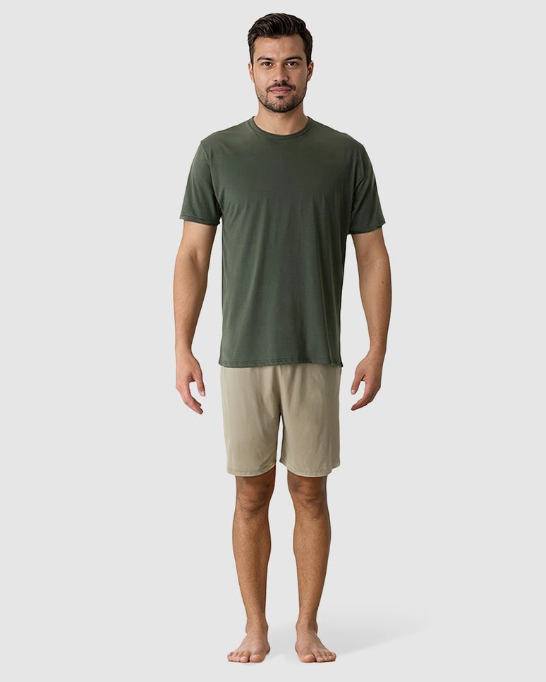 Pijama Curto Masculino Camiseta E Shorts Cós Elástico Em Algodão