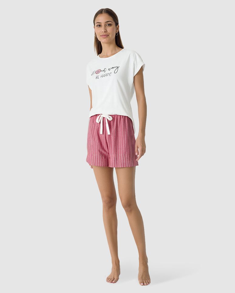 Pijama Curto Feminino Shorts Em Malha Listrada