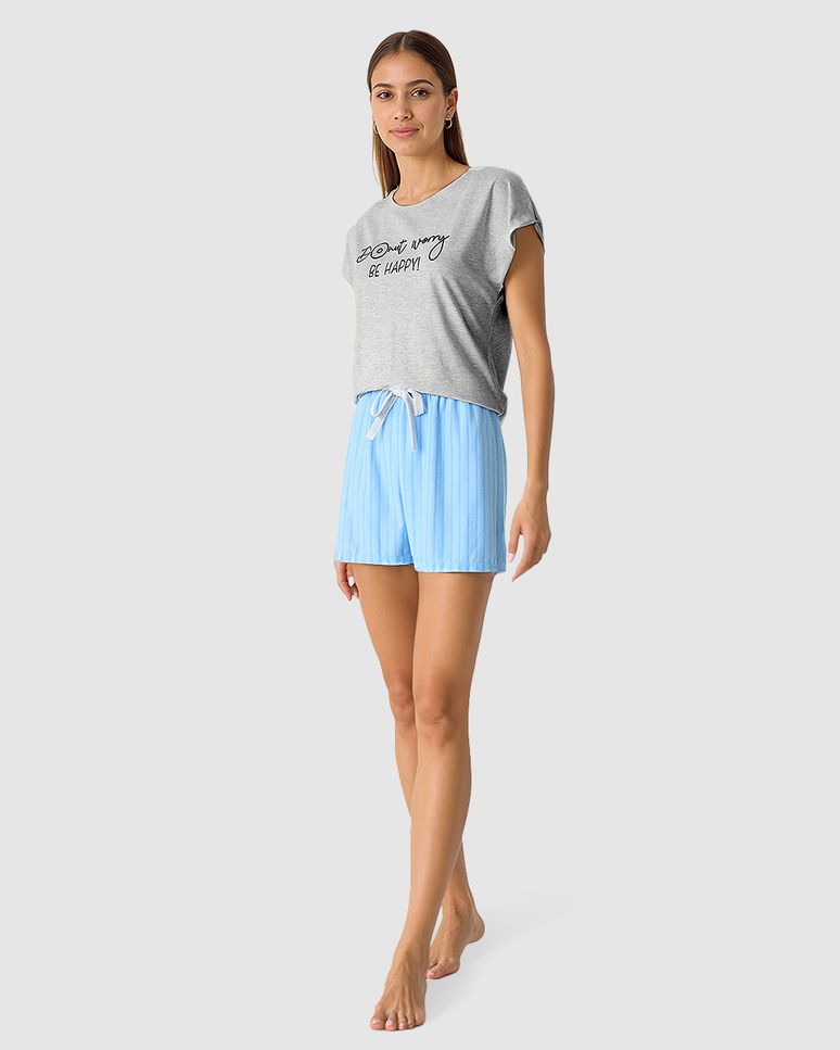 Pijama Curto Feminino Shorts Em Malha Listrada