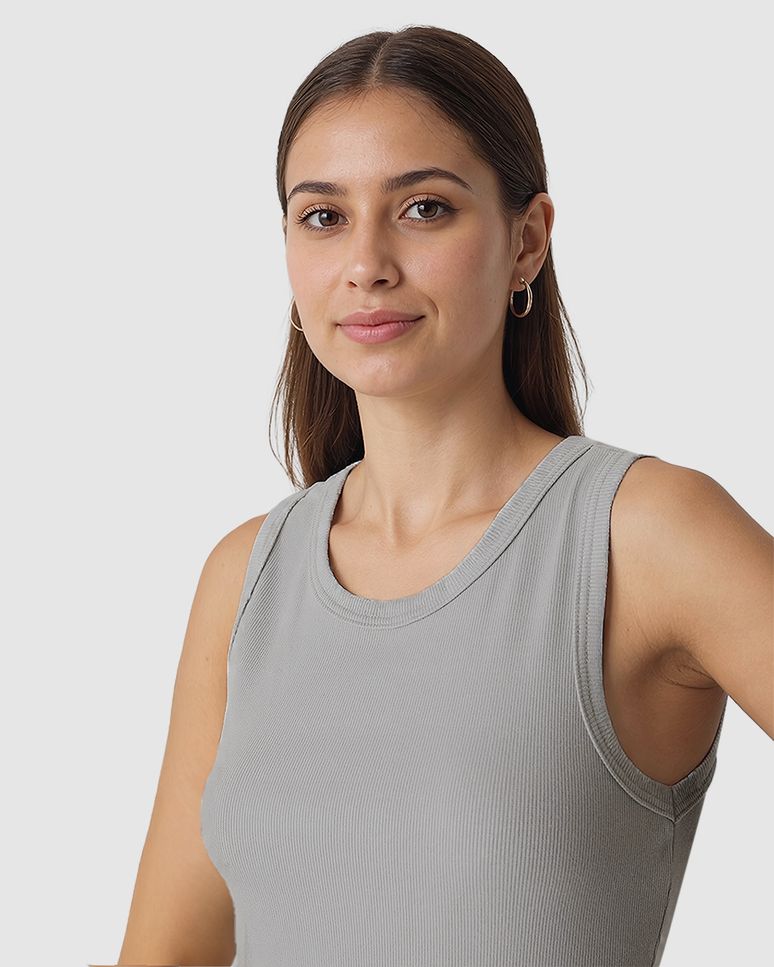 Vestido Midi Feminino Decote Redondo Alça Larga Em Ribana