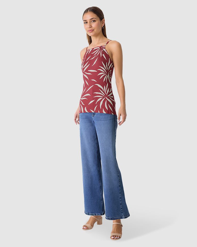 Regata Feminina Decote Halter Alça Fina Em Malha Viscose Canelada