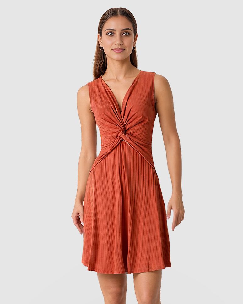 Vestido Feminino Decote V Detalhe Torção Frontal Em Malha Viscose Canelada