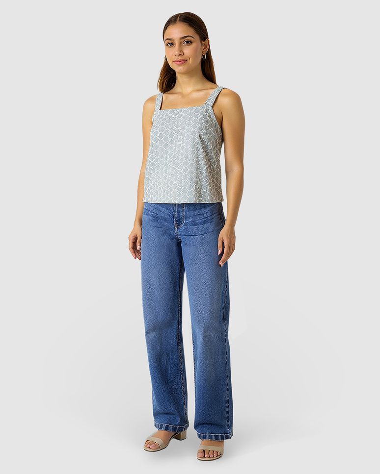 Regata Feminina Decote Reto Em Laise Algodão Com Linho