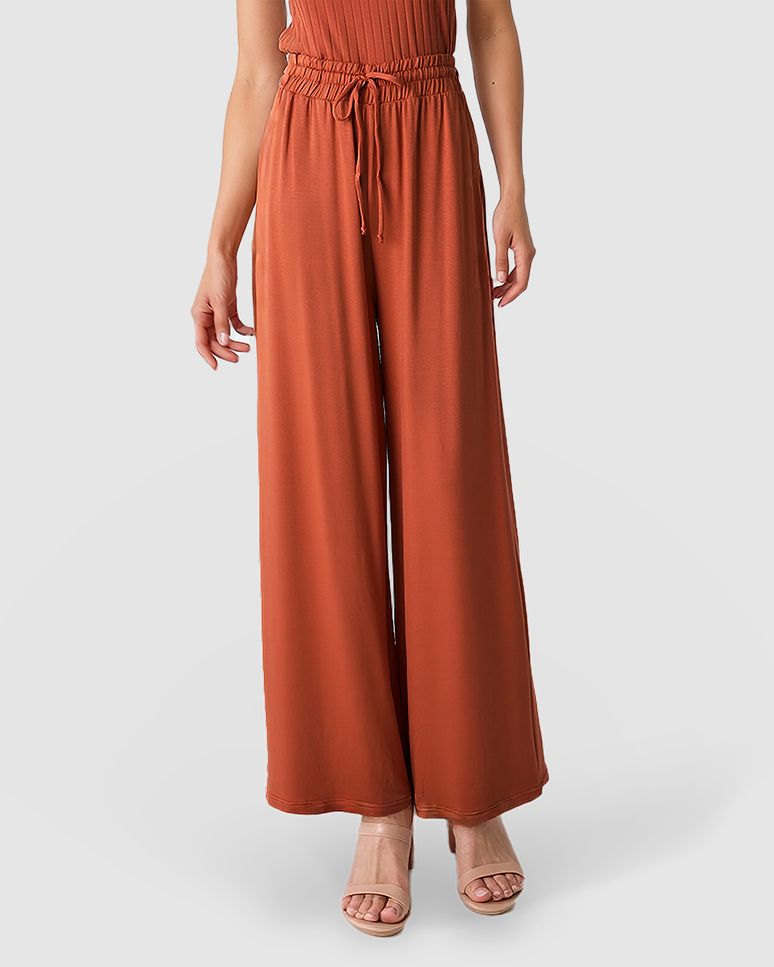 Calça Wide Leg Feminina Cadarço Frontal Em Moletinho Stretch Viscose