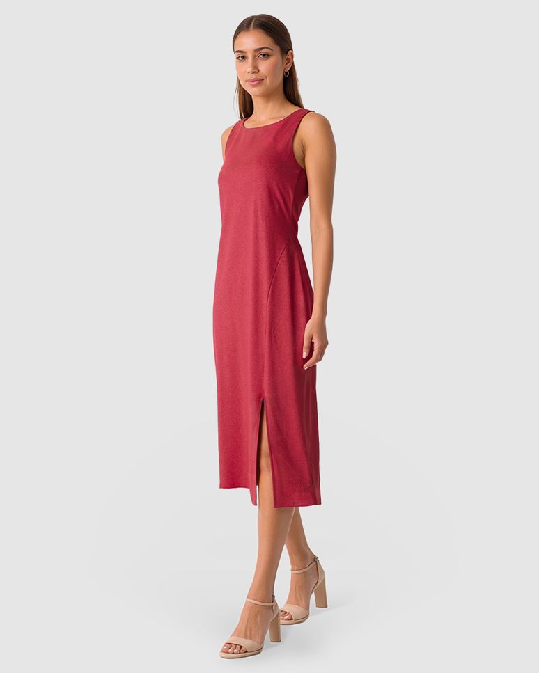 Vestido Feminino Decote Reto Fenda Frontal Em Malha Algodão