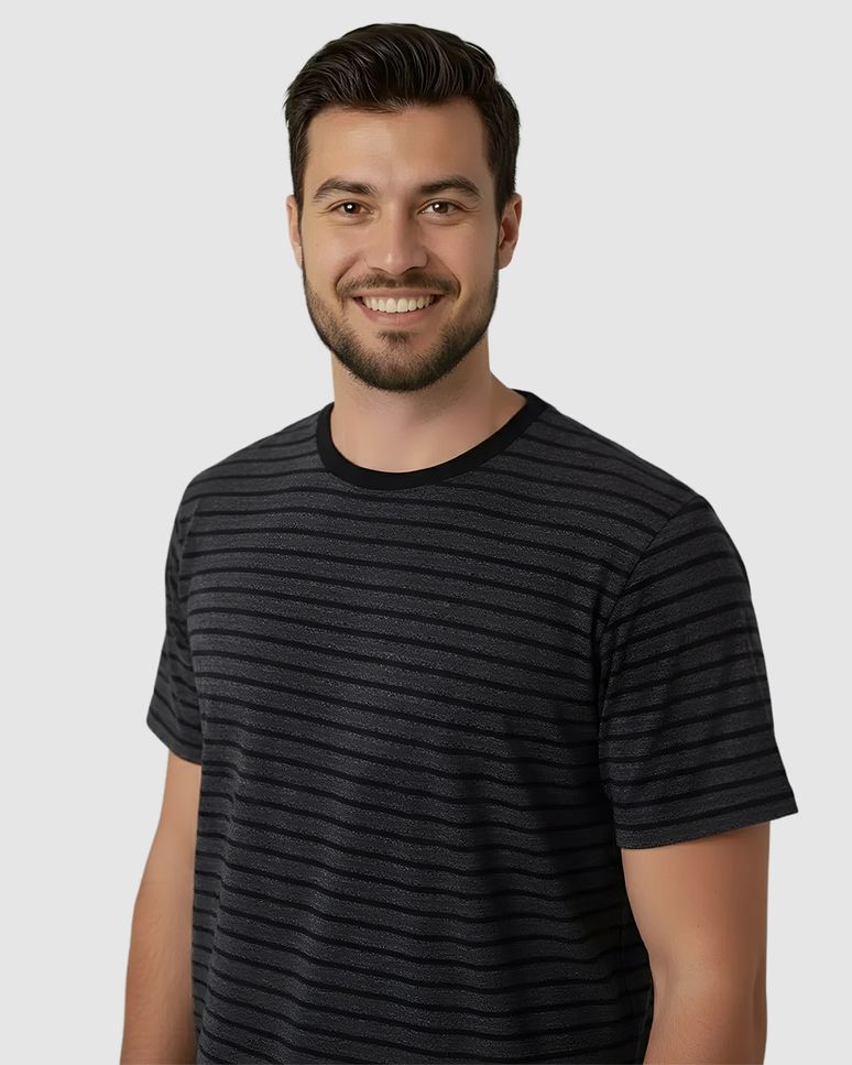 Pijama Curto Masculino Camiseta Gola Contraste Em Malha Listrada