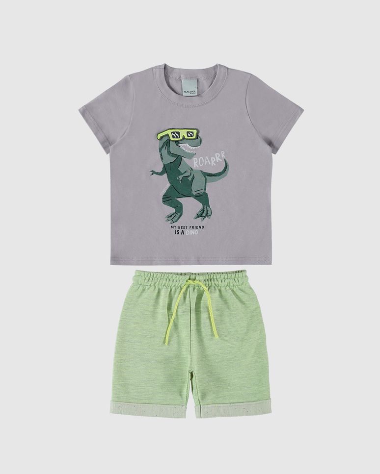 Conjunto Infantil Menino Camiseta Estampa Dino + Aplique Interativo Malwee Kids
