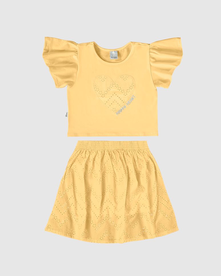 Conjunto Infantil Menina Blusa Bordado + Aplique E Saia Em Laise Malwee Kids