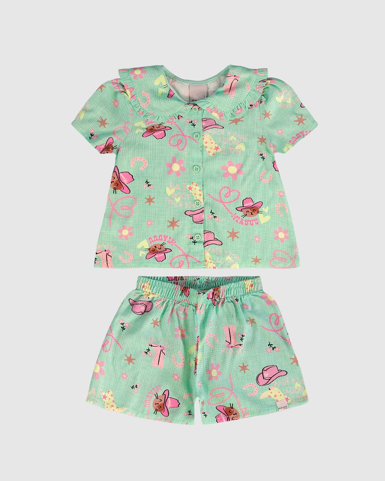 Conjunto Infantil Menina Estampado Camisa Gola Babado Em Viscose Malwee Kids