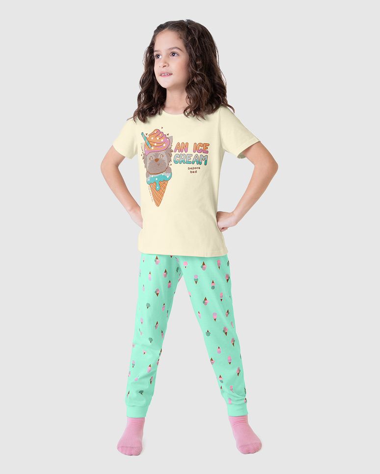 Pijama Infantil Menina 3 Peças Ice Cream Em Malha Algodão Malwee Kids