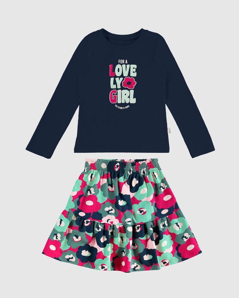 Conjunto Infantil Menina Blusa + Saia Babados Estampada Malwee Kids