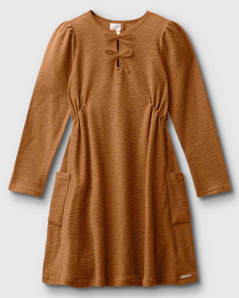 Vestido Menina Detalhe Laço Bolso Lateral Em Malha Texturizada - Carinhoso