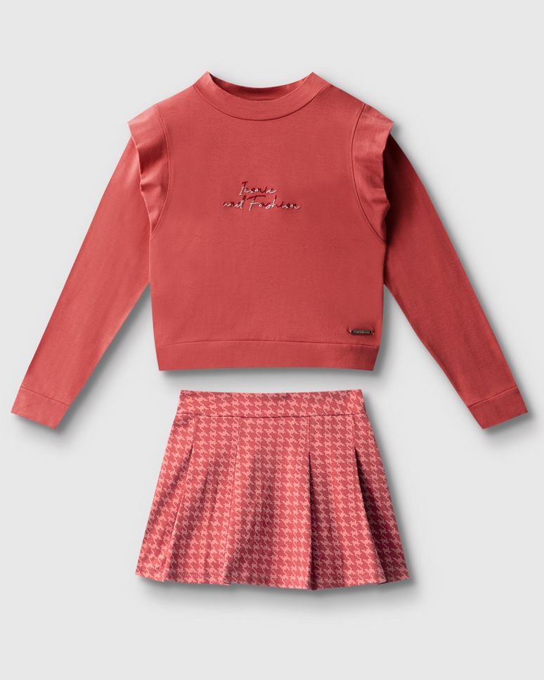 Conjunto Menina Blusa Manga Longa E Shorts Saia Estampado - Carinhoso