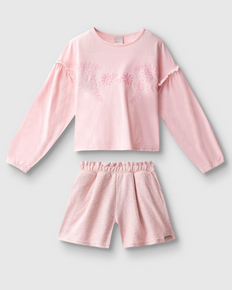 Conjunto Menina Blusa Estampa Bordada E Shorts Em Algodão - Carinhoso