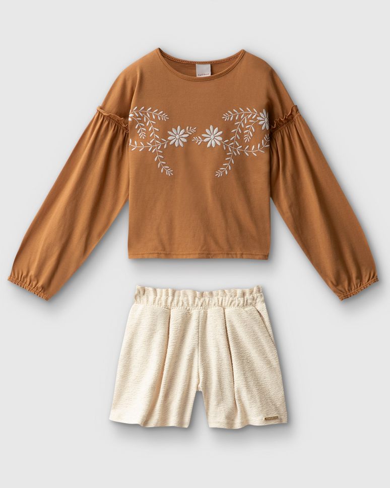 Conjunto Menina Blusa Estampa Bordada E Shorts Em Algodão - Carinhoso