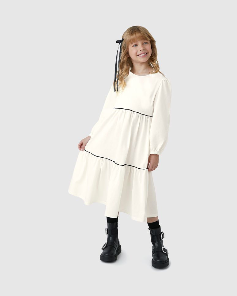 Vestido Menina Midi Amplo Manga Longa Em Malha Texturizada - Carinhoso