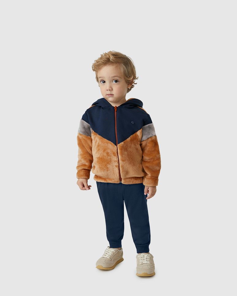 Conjunto Menino Jaqueta Bicolor Com Capuz Em Pelúcia - Carinhoso