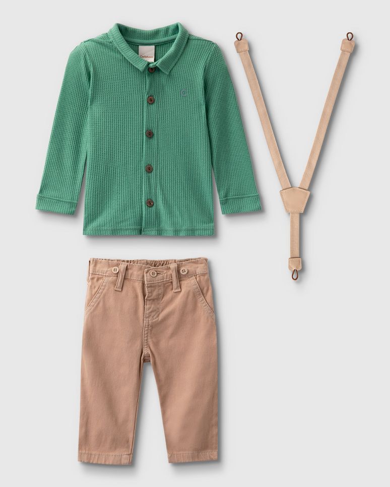 Conjunto Menino Camisa E Calça Com Suspensório Removível - Carinhoso