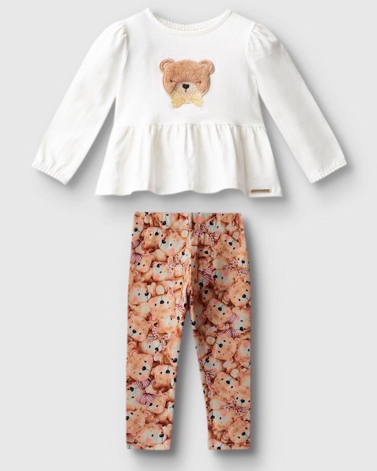 Conjunto Menina Blusa Manga Longa Aplique Bordado Em Algodão - Carinhoso