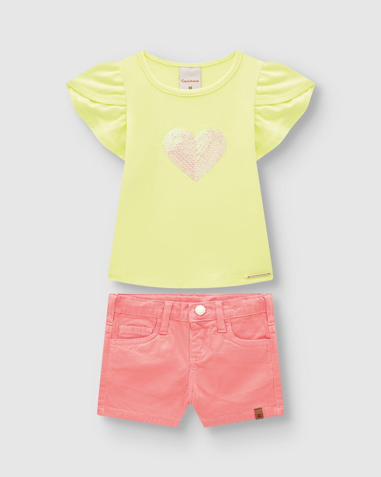 Conjunto Menina Blusa Estampa Bordada Paetê Em Algodão - Carinhoso