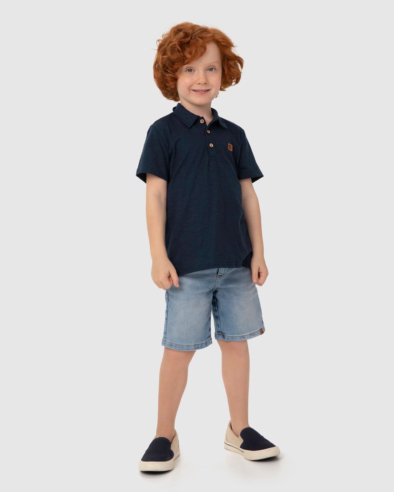 Camisa Polo Menino Manga Curta Em Malha Rajada Linho - Carinhoso