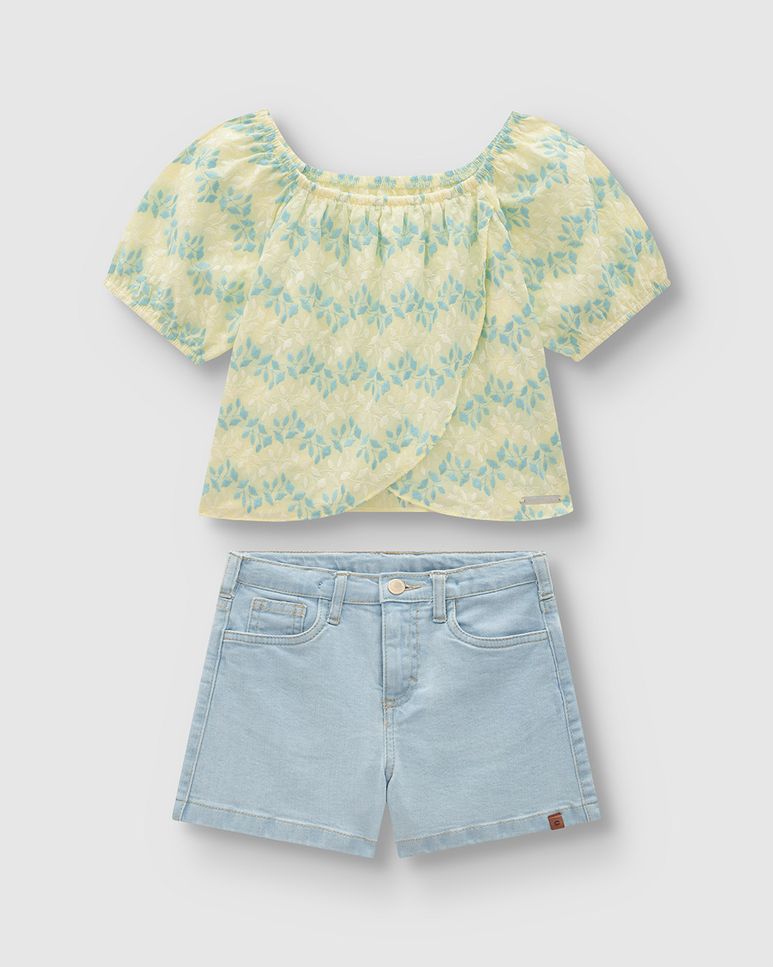 Conjunto Menina Blusa Em Tecido Bordado - Carinhoso