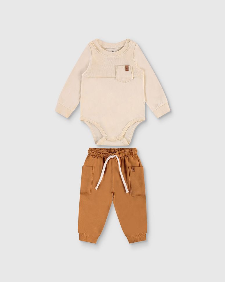 Conjunto Menino Body Manga Longa Bolso Frontal Em Algodão - Carinhoso