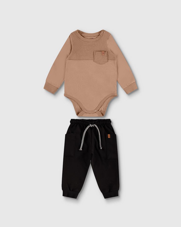 Conjunto Menino Body Manga Longa Bolso Frontal Em Algodão - Carinhoso
