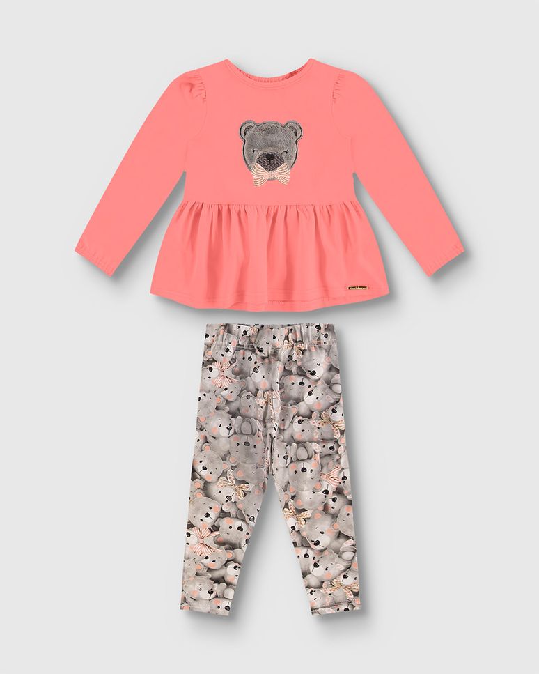 Conjunto Menina Blusa Manga Longa Aplique Bordado Em Algodão - Carinhoso