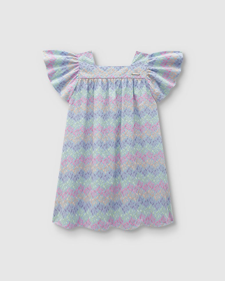 Vestido Menina Decote Quadrado Em Tecido Bordado - Carinhoso