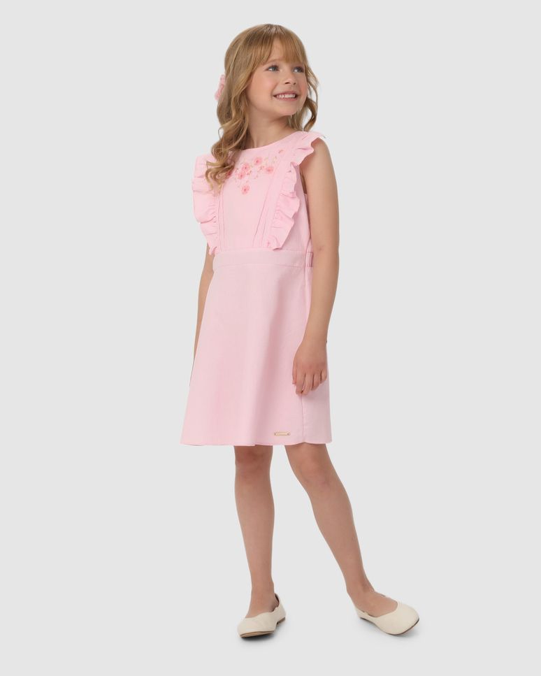 Vestido Menina Babados Frontais Em Algodão Texturizado - Carinhoso