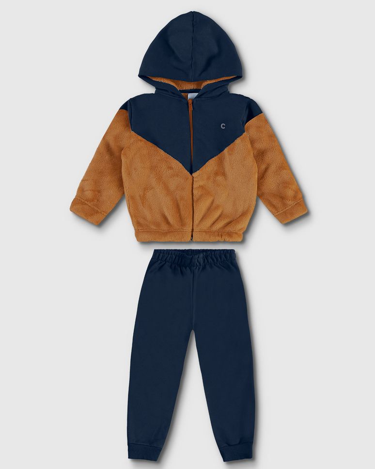 Conjunto Menino Jaqueta Bicolor Com Capuz Em Pelúcia - Carinhoso