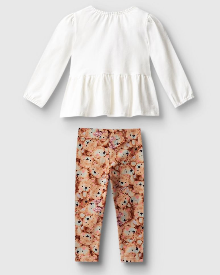 Conjunto Menina Blusa Manga Longa Aplique Bordado Em Algodão - Carinhoso