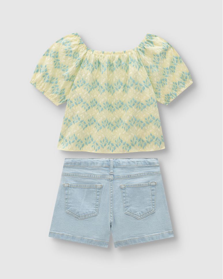 Conjunto Menina Blusa Em Tecido Bordado - Carinhoso