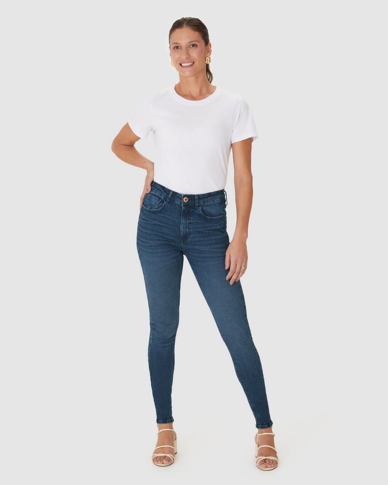 Calça Skinny Feminina Cintura Média Alta Funcional Em Jeans Stretch