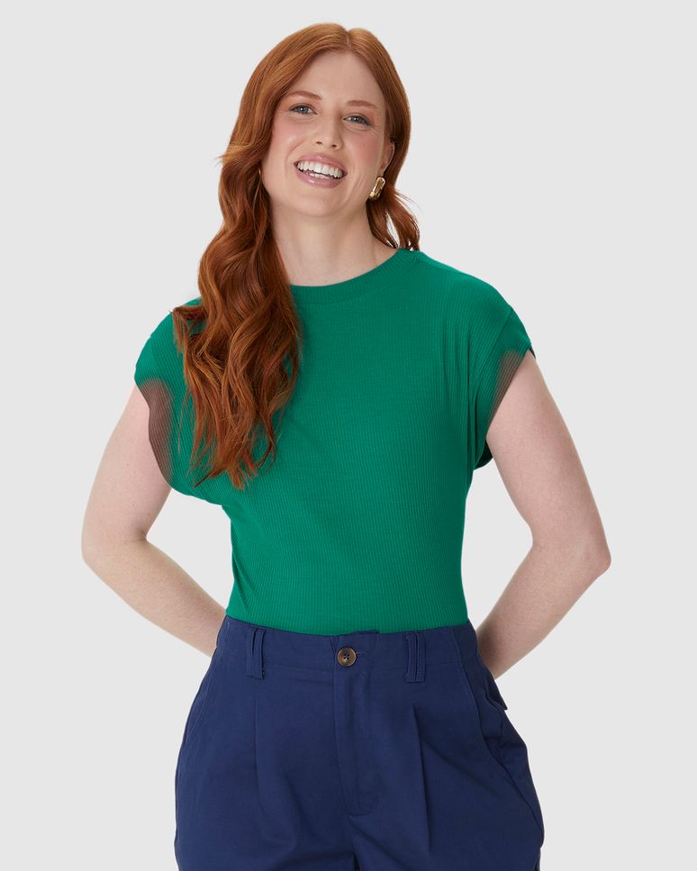 Blusa Ampla Feminina Decote Redondo Manga Curta Em Malha Viscose Canelada