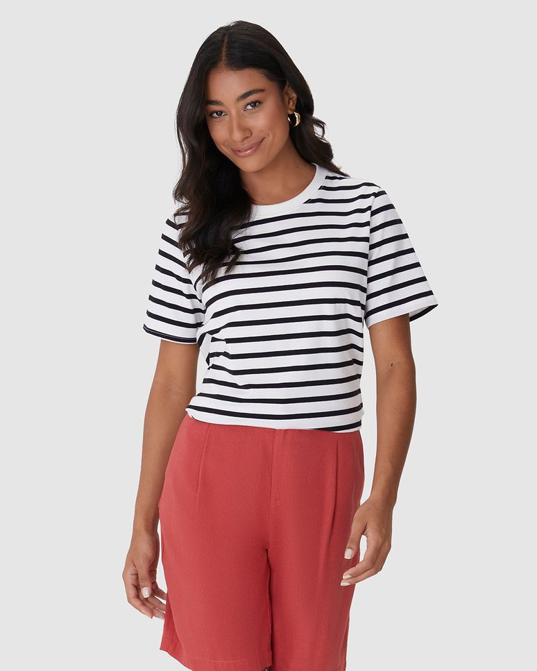 Camiseta Feminina Reta Manga Curta Em Malha Listrada