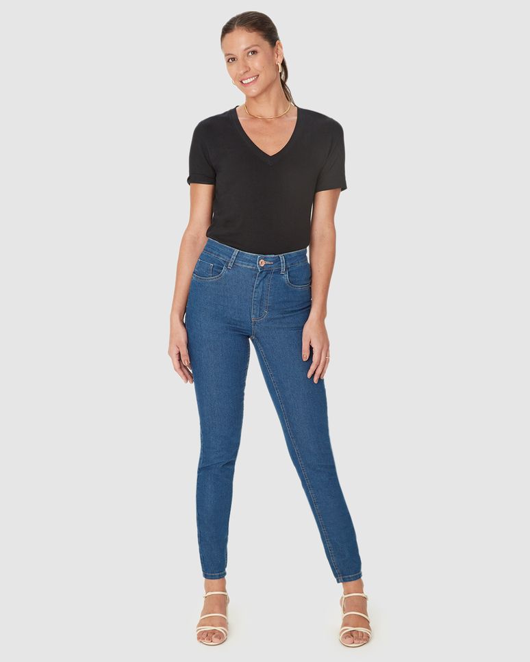 Calça Skinny Feminina Push Up Cintura Média Em Jeans Com Elastano