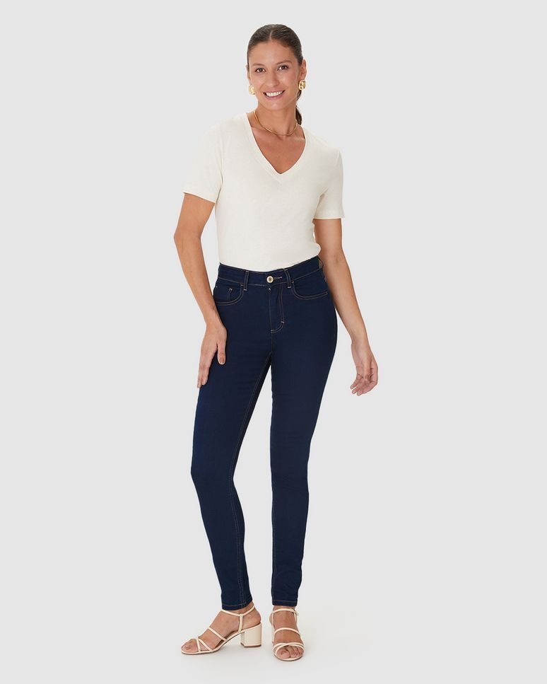Calça Skinny Feminina Cintura Média Bolso Funcional Em Jeans Stretch