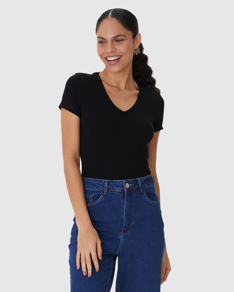 Blusa Básica Feminina Justa Decote V Em Malha Canelada De Viscose