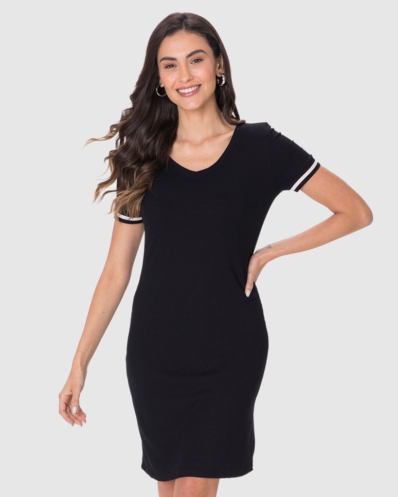 Vestido Básico Feminino Manga Retilínea Em Malha Viscose Canelada
